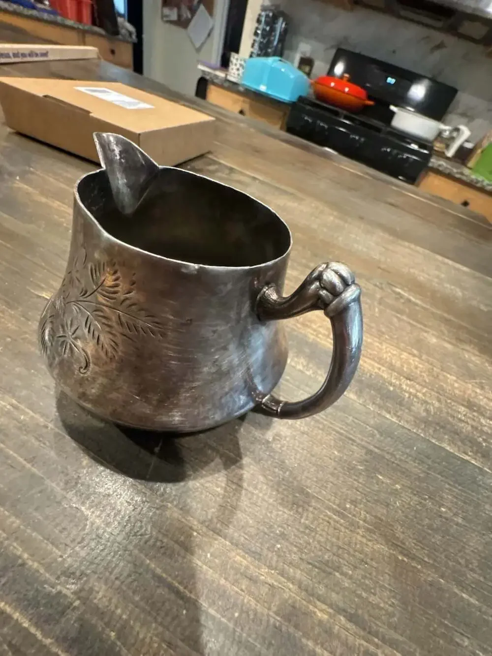 Antique Silver Plated Creamer Pitcher with Etched Floral Design and Ornate Handl